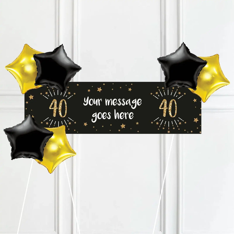 Black & Gold 40th Birthday Personalised Party Banner No 6 Balloons Personalised Banner