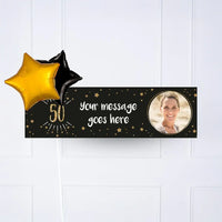 Black & Gold 50th Birthday Personalised Party Banner Yes 2 balloons Personalised Banner