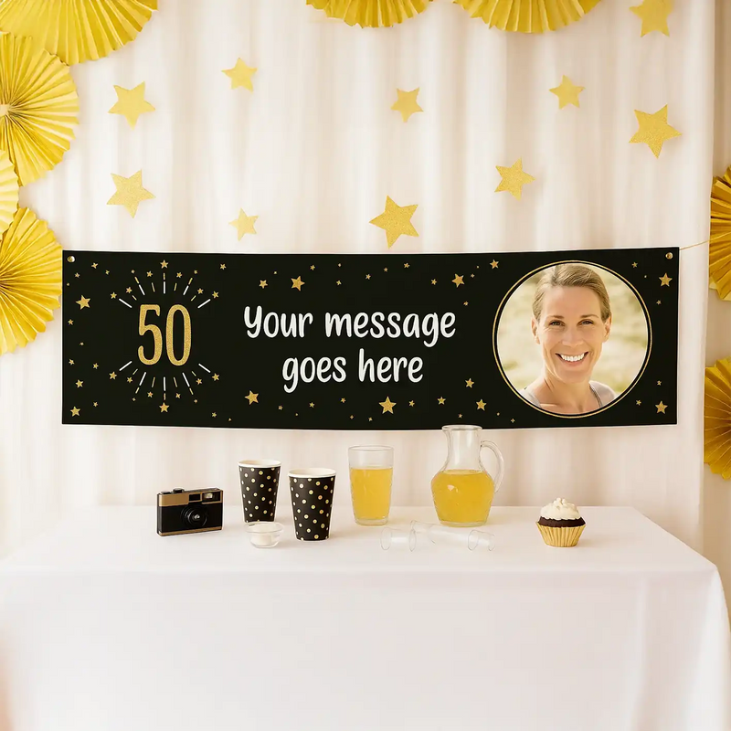 Black & Gold 50th Birthday Personalised Party Banner Personalised Banner