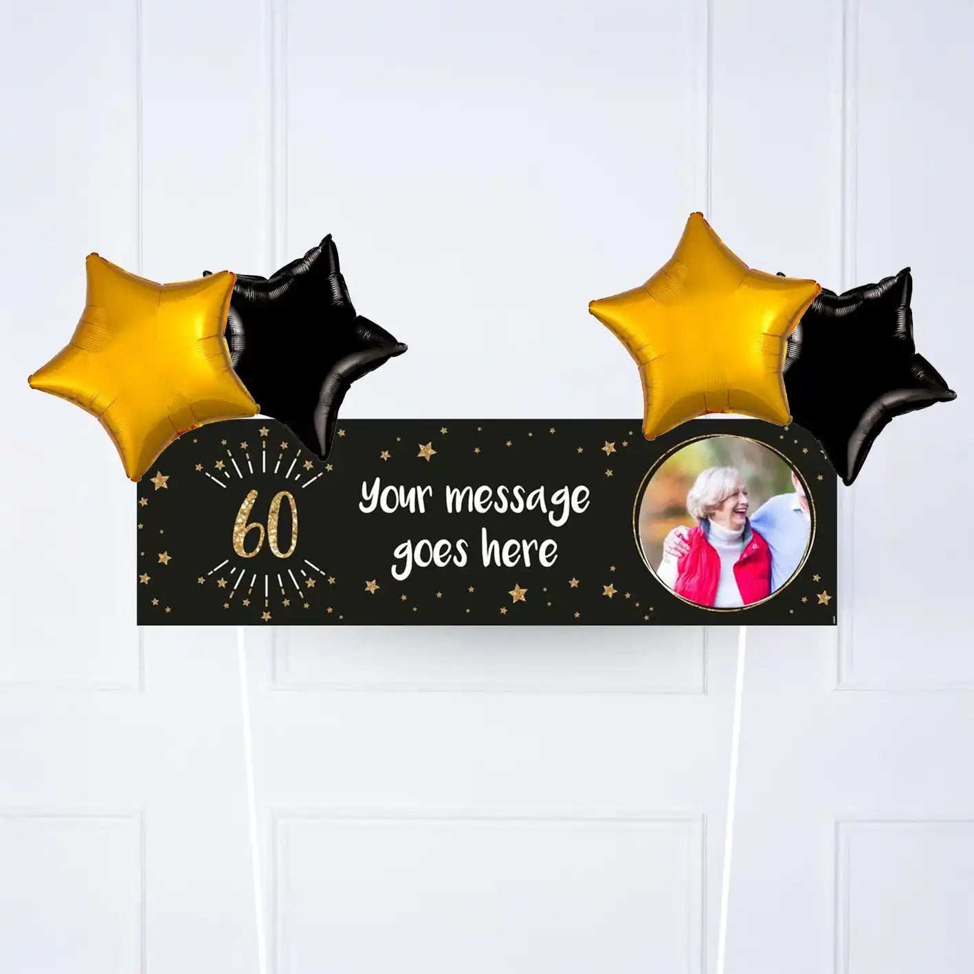 Black & Gold 60th Birthday Personalised Party Banner Yes 4 Balloons Personalised Banner