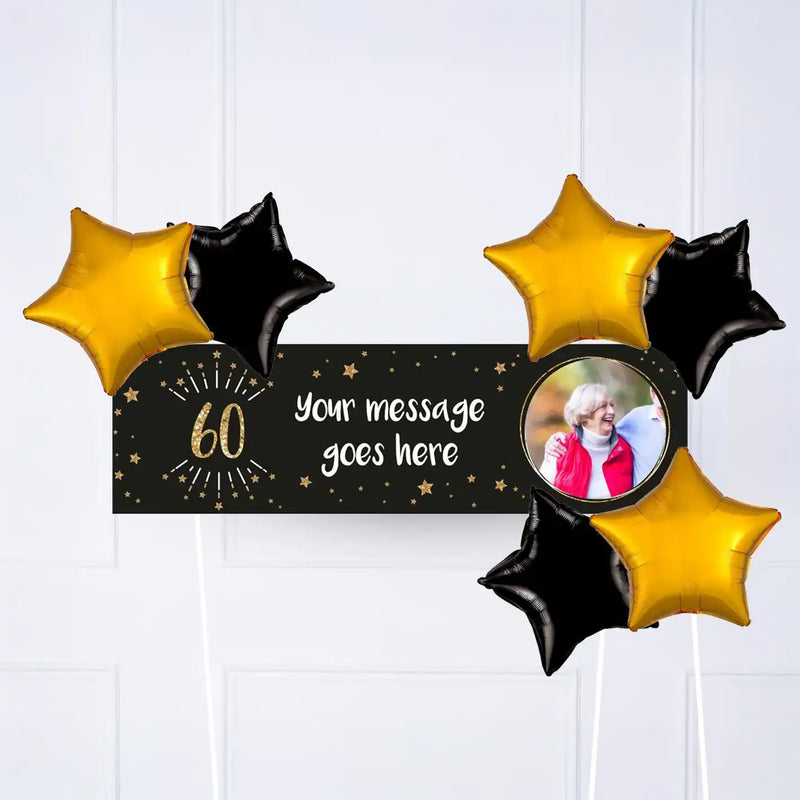 Black & Gold 60th Birthday Personalised Party Banner Yes 6 Balloons Personalised Banner