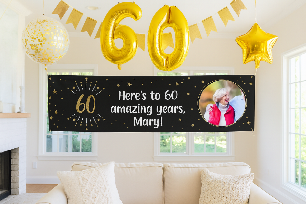 Black & Gold 60th Birthday Personalised Party Banner Personalised Banner