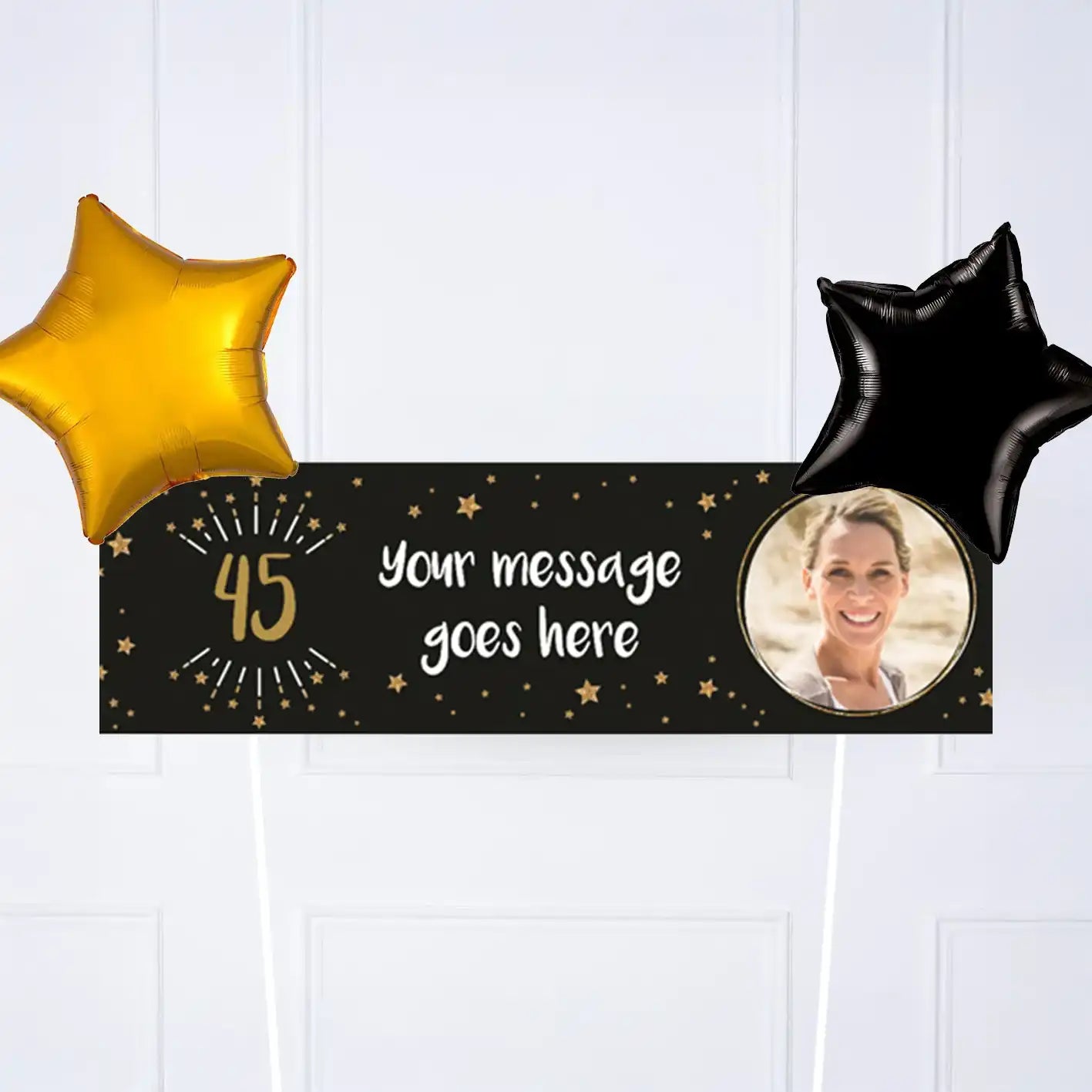 Black & Gold Any Age Personalised Party Banner Yes 2 Balloons Personalised Banner