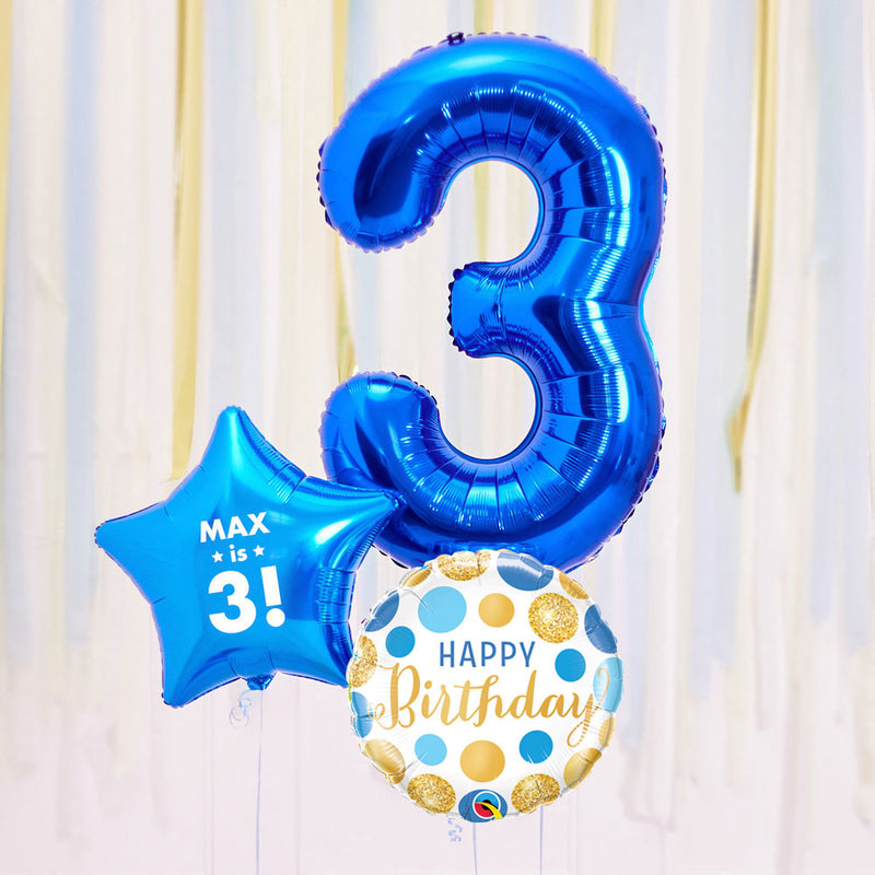 Personalised 3rd Birthday Inflated Balloon Bunch – Blue