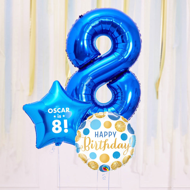 Personalised 8th Birthday Inflated Balloon Bunch – Blue