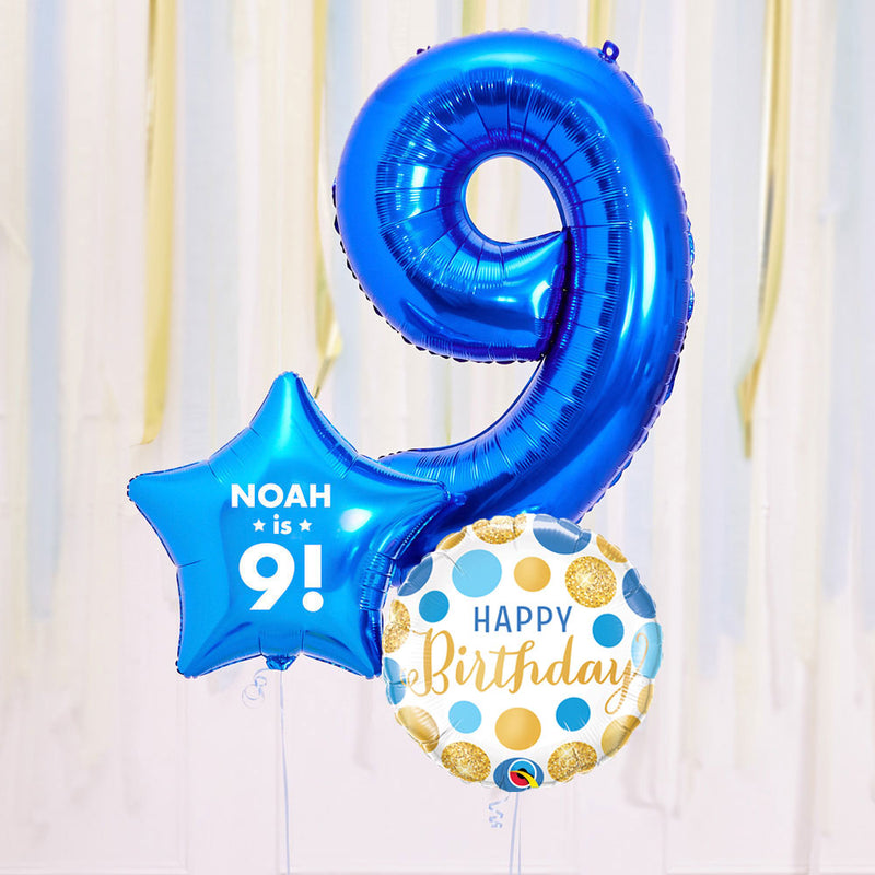 Personalised 9th Birthday Inflated Balloon Bunch – Blue