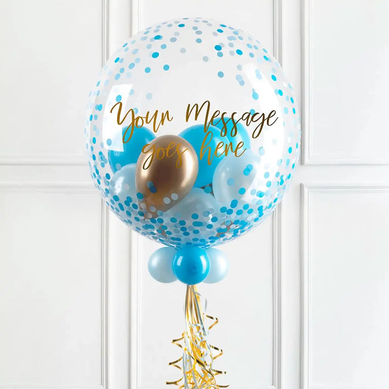 Personalised Bubble Balloon in a Box - Blue Gold Luxe None Personalised Balloons