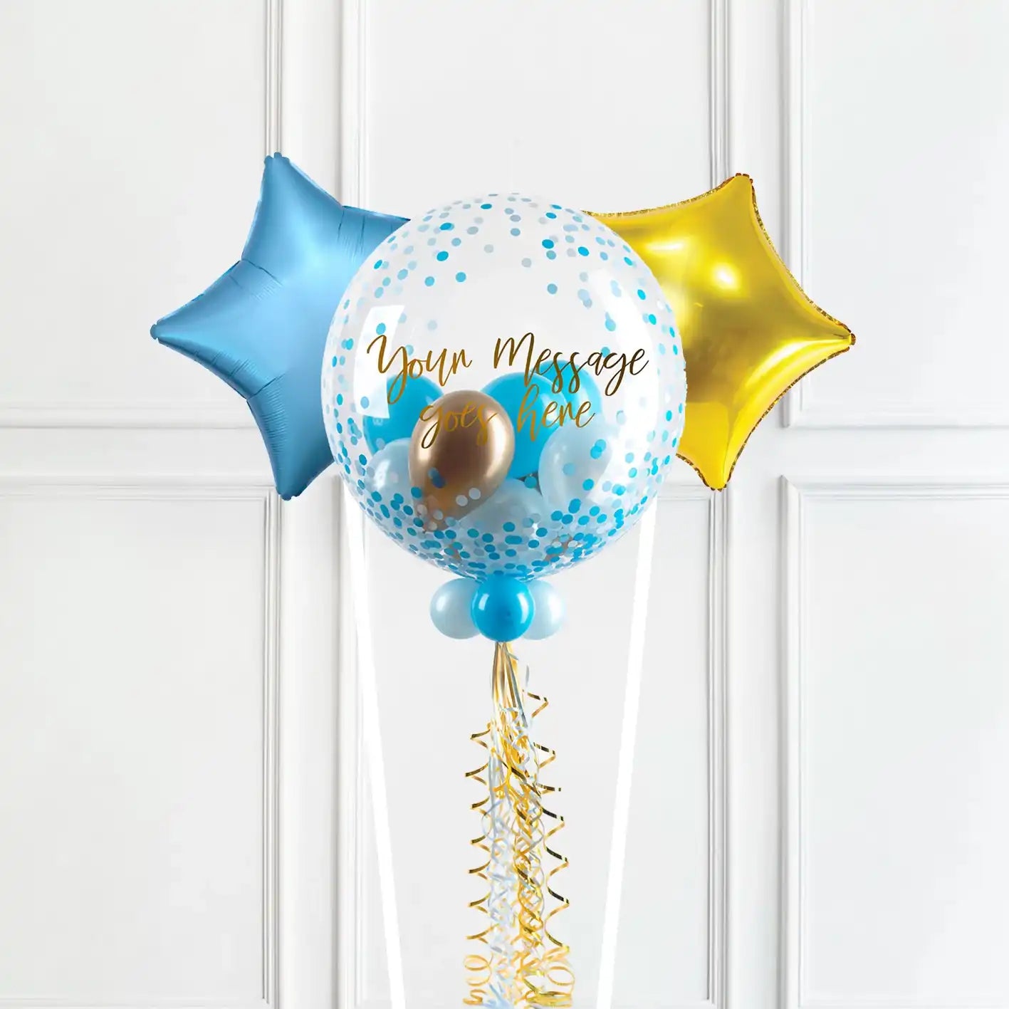Personalised Bubble Balloon in a Box - Blue Gold Luxe 2 Extra Balloons Personalised Balloons