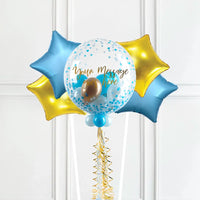 Personalised Bubble Balloon in a Box - Blue Gold Luxe 4 Extra Balloons Personalised Balloons