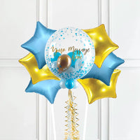 Personalised Bubble Balloon in a Box - Blue Gold Luxe 6 Extra Balloons Personalised Balloons