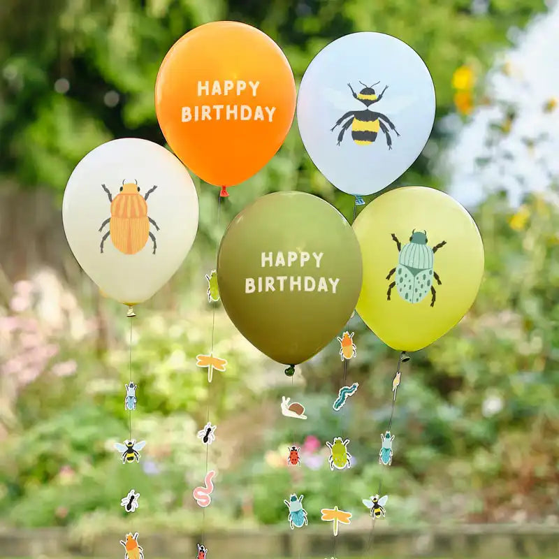 Bug Party Birthday Balloons with Bug Balloon Tails (x5) Kids Party