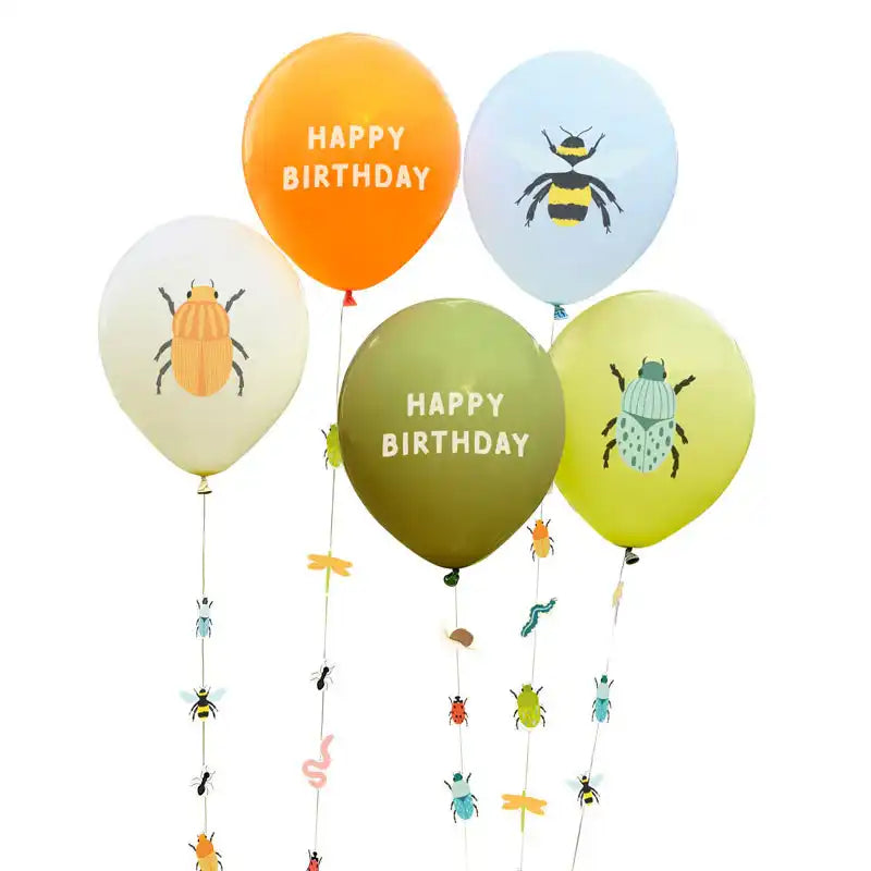 Bug Party Birthday Balloons with Bug Balloon Tails (x5) Kids Party
