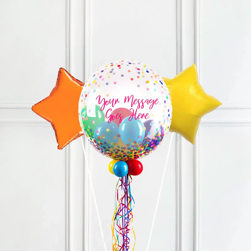 Personalised Bubble Balloon in a Box - Colourful Dots 2 Extra Balloons Personalised Balloons