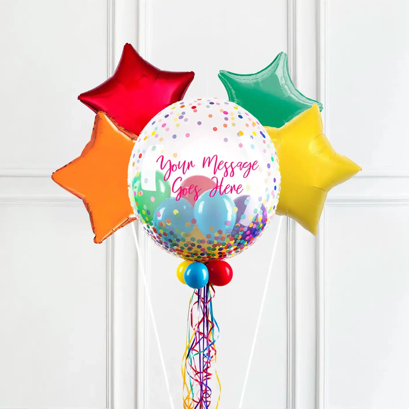 Personalised Bubble Balloon in a Box - Colourful Dots 4 Extra Balloons Personalised Balloons