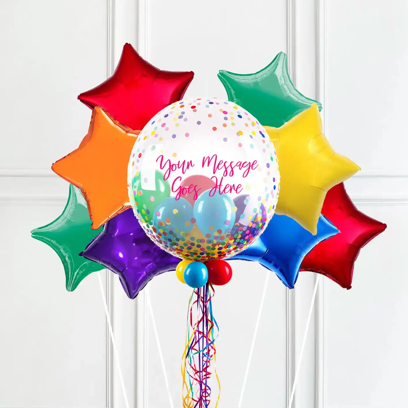 Personalised Bubble Balloon in a Box - Colourful Dots 8 Extra Balloons Personalised Balloons