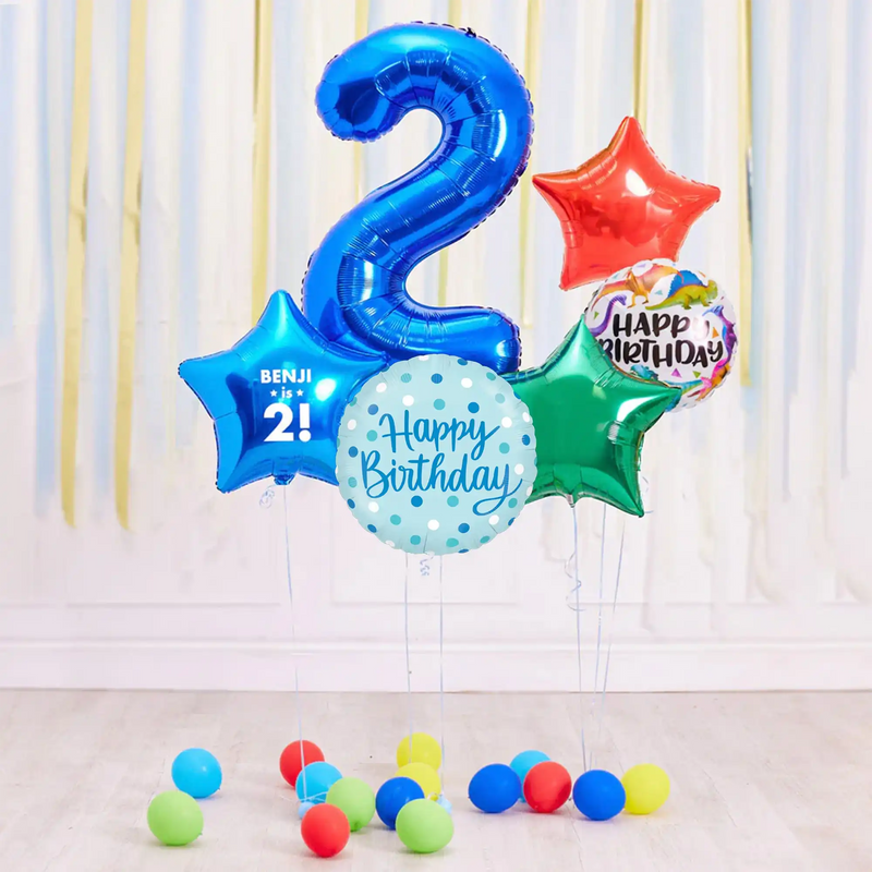 Deluxe Personalised Balloon Bunch - 2nd Birthday Blue Personalised Balloons