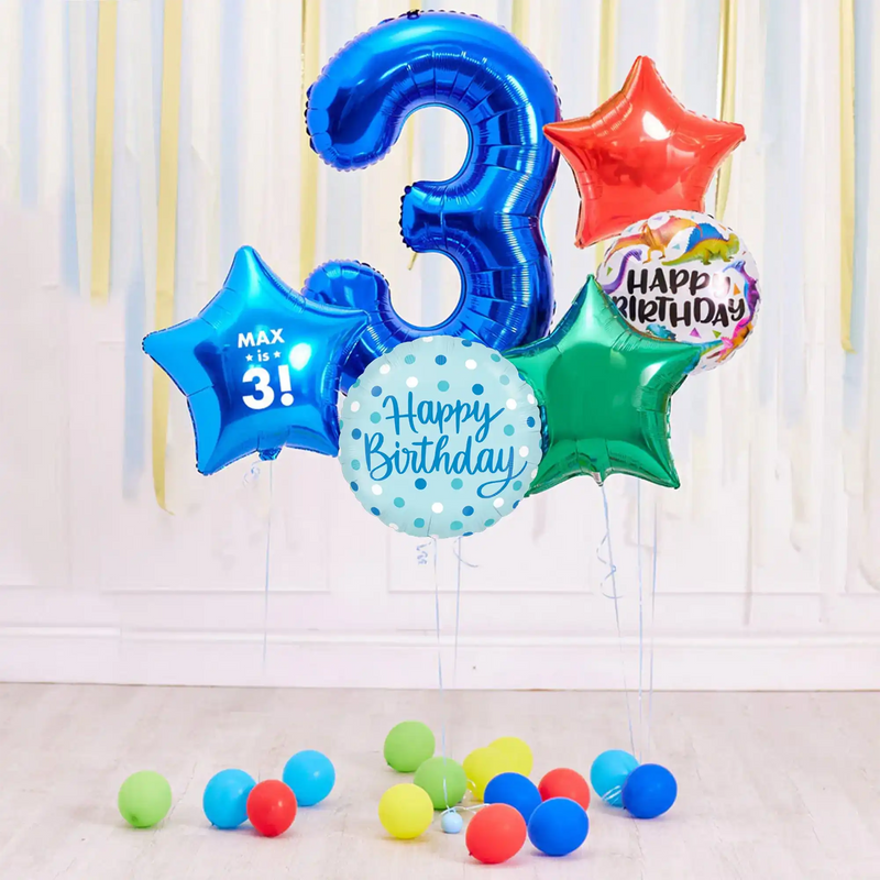 Deluxe Personalised Balloon Bunch - 3rd Birthday Blue Personalised Balloons
