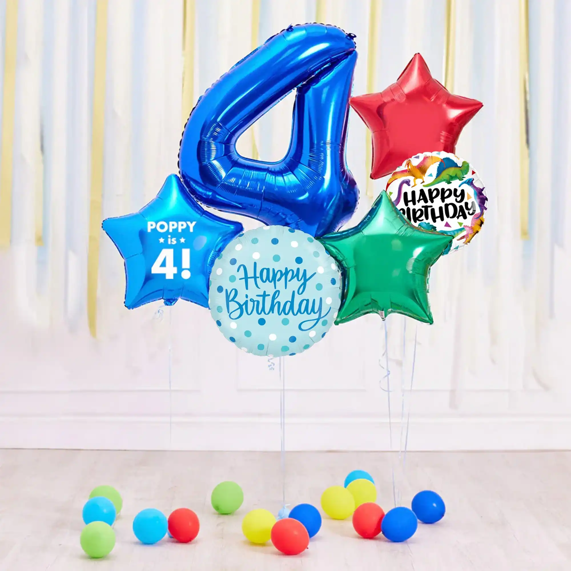 Deluxe Personalised Balloon Bunch - 4th Birthday Blue Personalised Balloons
