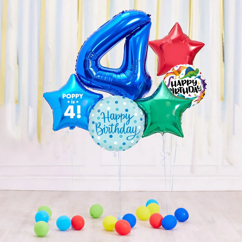 Deluxe Personalised Balloon Bunch - 4th Birthday Blue Personalised Balloons