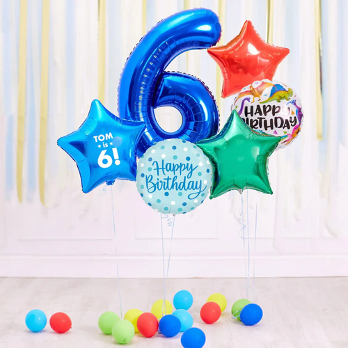 Deluxe Personalised Balloon Bunch - 6th Birthday Blue Personalised Balloons