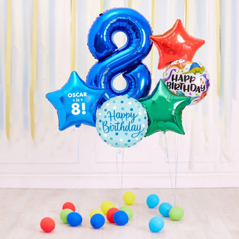 Deluxe Personalised Balloon Bunch - 8th Birthday Blue Personalised Balloons