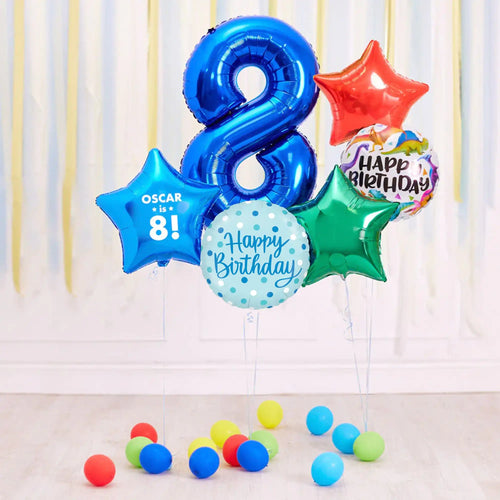 Deluxe Personalised Balloon Bunch - 8th Birthday Blue Personalised Balloons