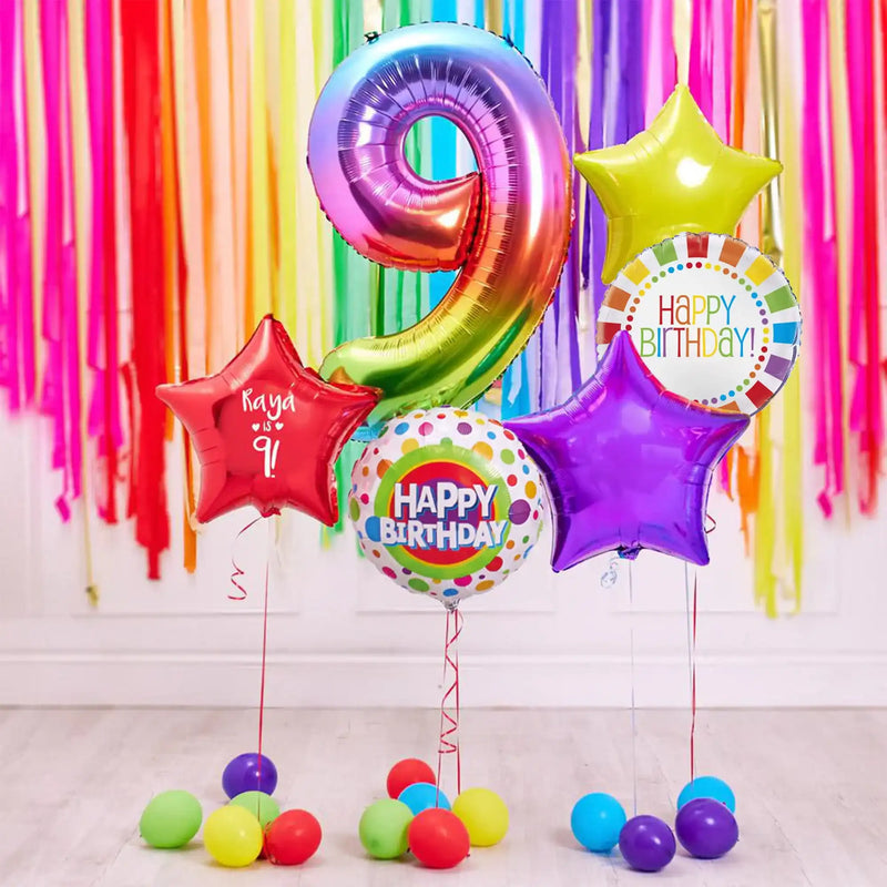 Deluxe Personalised Balloon Bunch - 9th Birthday Rainbow Personalised Balloons