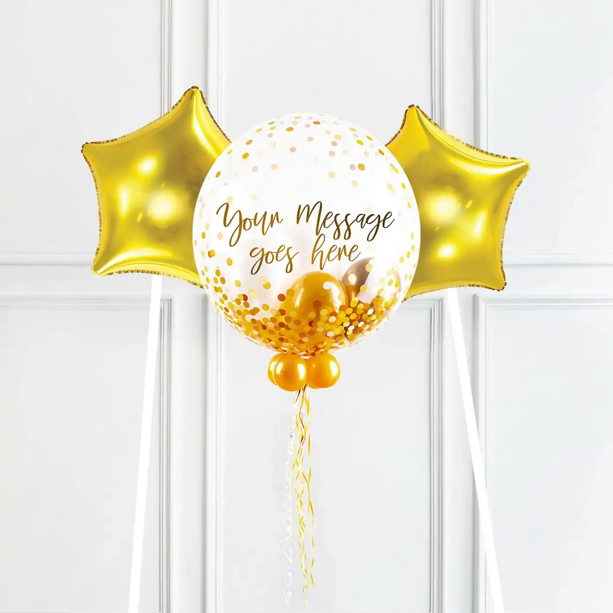 Personalised Bubble Balloon in a Box - Elegant Gold Dots 2 extra Balloons Personalised Balloons