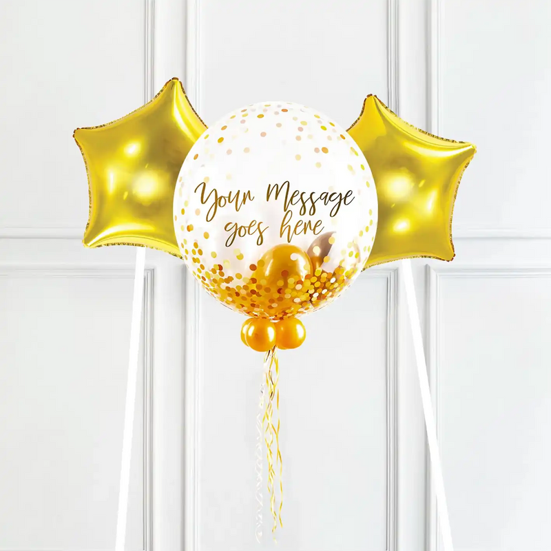 Personalised Bubble Balloon in a Box - Elegant Gold Dots 2 extra Balloons Personalised Balloons