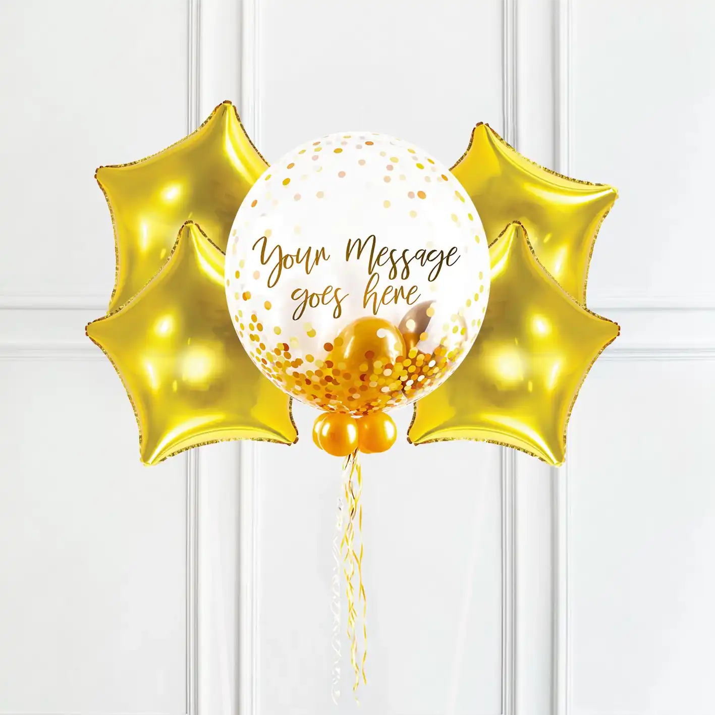 Personalised Bubble Balloon in a Box - Elegant Gold Dots 4 Extra Balloons Personalised Balloons