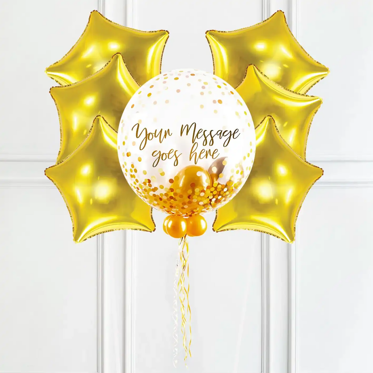 Personalised Bubble Balloon in a Box - Elegant Gold Dots 6 Extra Balloons Personalised Balloons