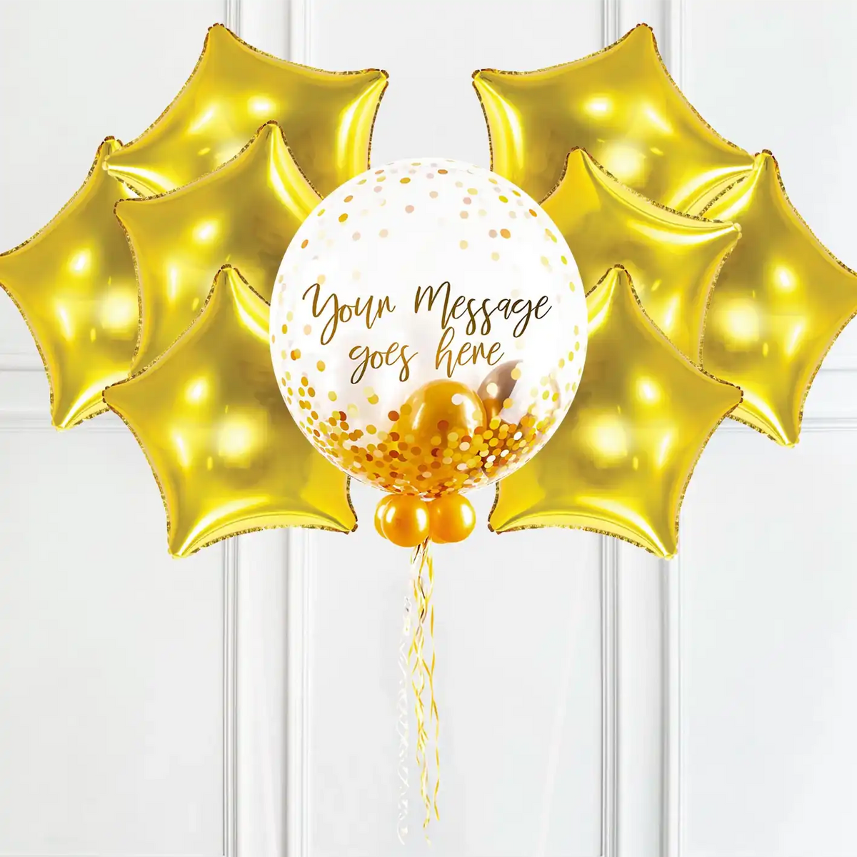 Personalised Bubble Balloon in a Box - Elegant Gold Dots 8 Extra Balloons Personalised Balloons