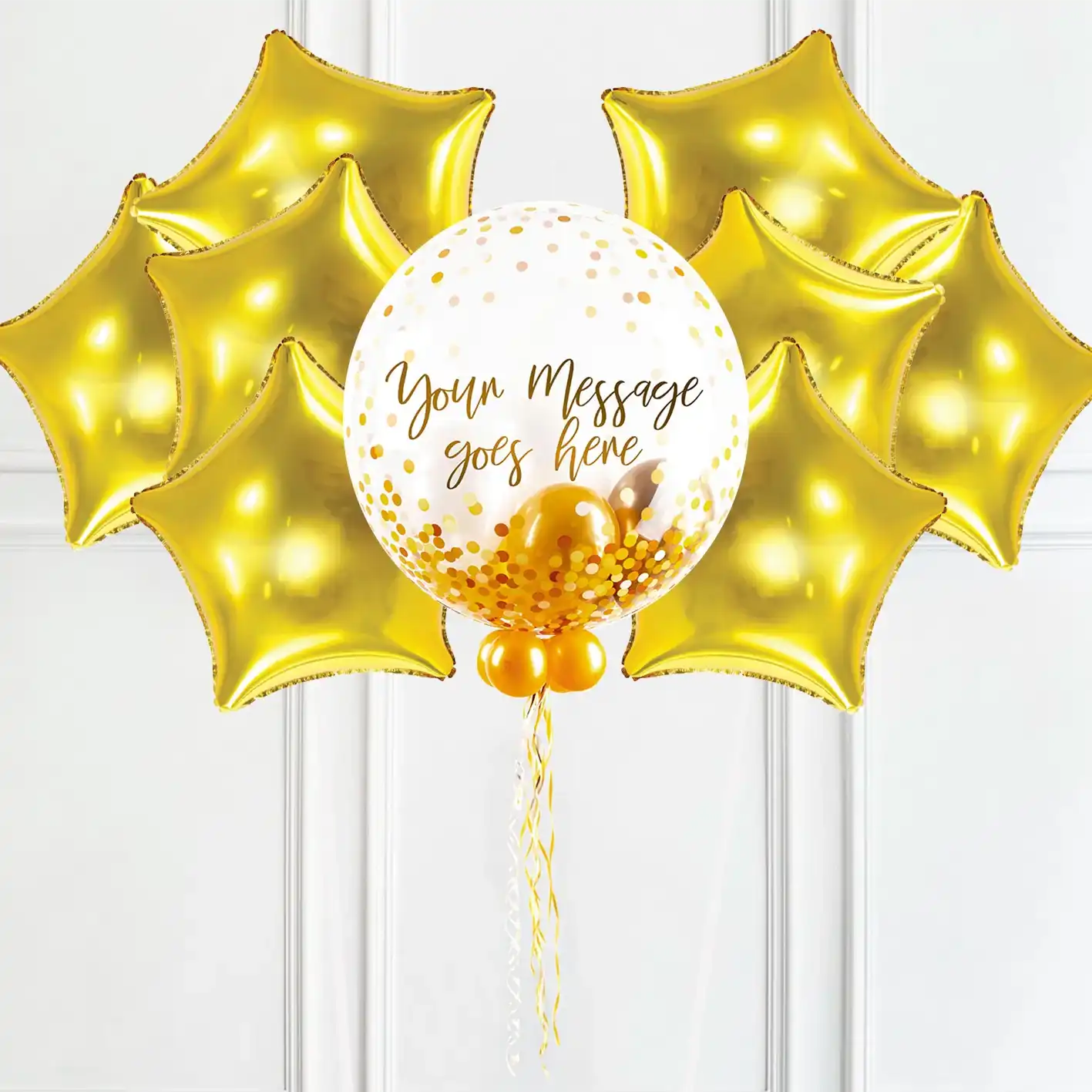 Personalised Bubble Balloon in a Box - Elegant Gold Dots 8 Extra Balloons Personalised Balloons