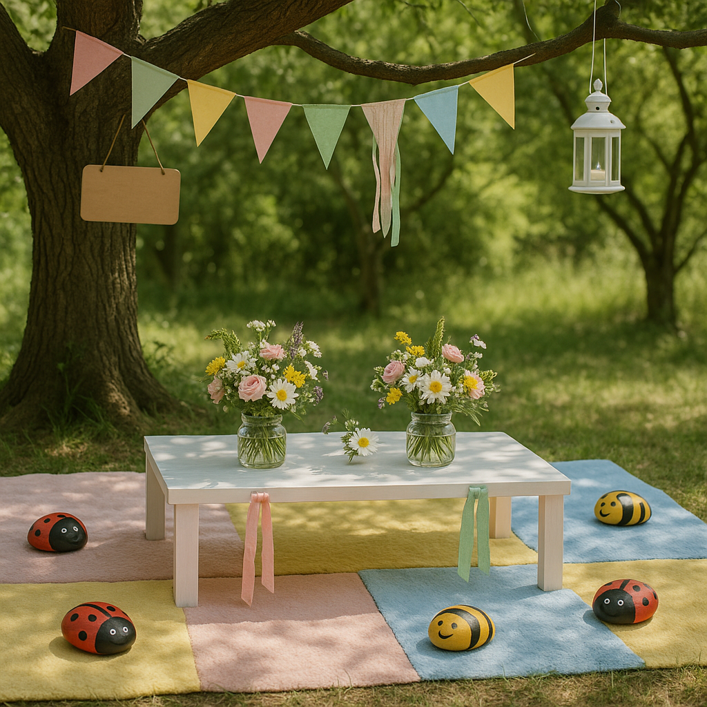 Outdoor setting with a table, flowers, colorful flags, and ladybug decorations under a tree.