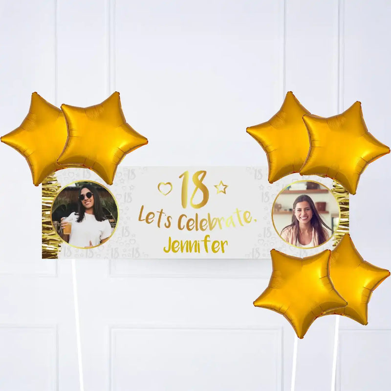 Gold 18th Personalised Party Banner Yes 6 Balloons Personalised Banner