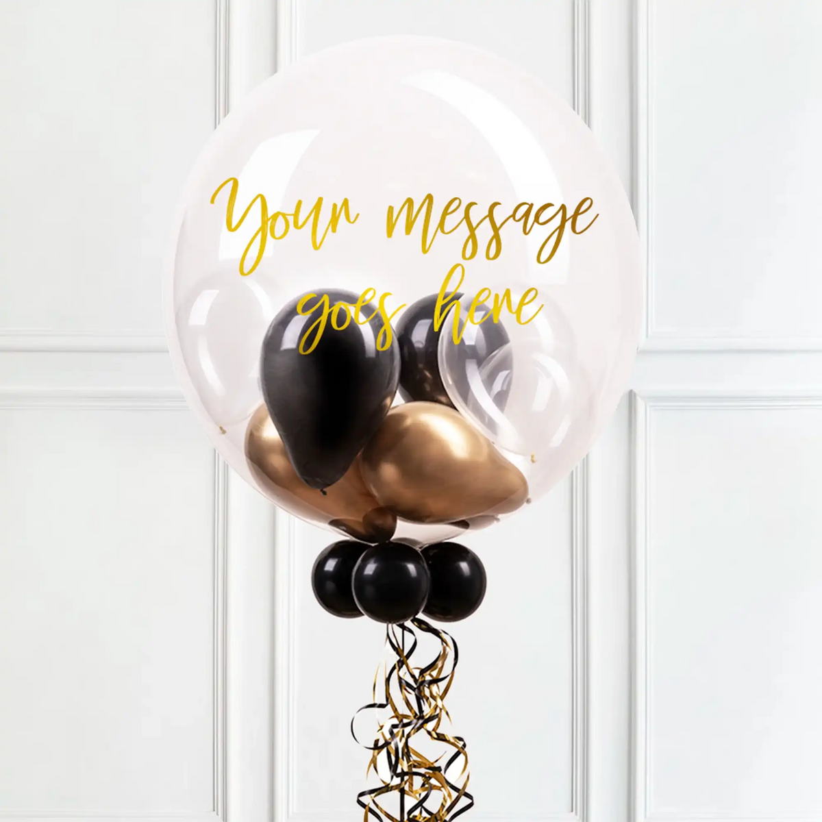 Personalised Bubble Balloon in a Box – Gold Deco