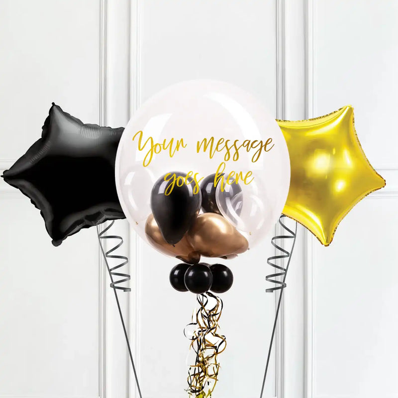 Personalised Bubble Balloon in a Box – Gold Deco 2 Extra Balloons Personalised Balloons