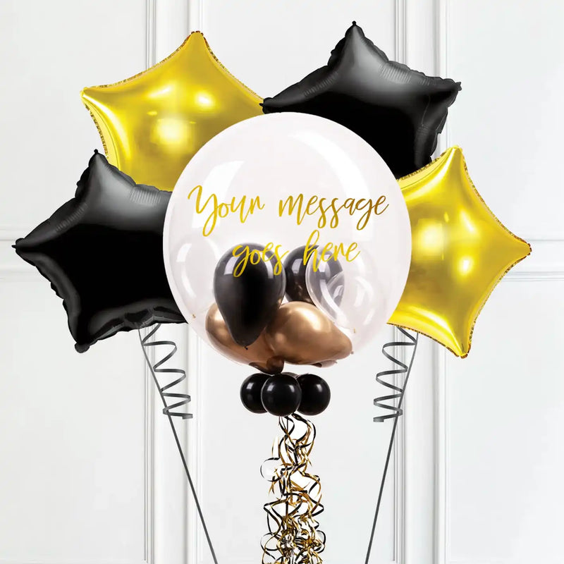 Personalised Bubble Balloon in a Box – Gold Deco 4 Extra Balloons Personalised Balloons