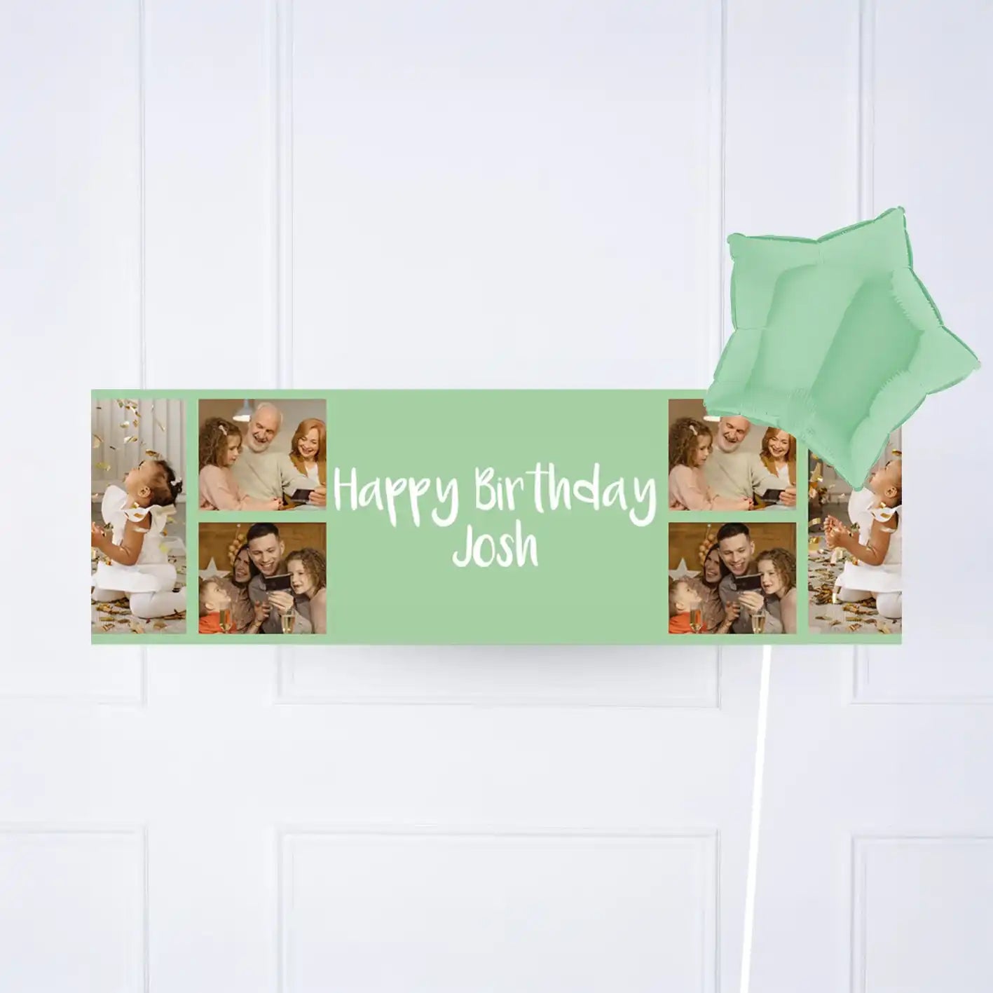 Coloured Collage Personalised Party Banner Green 1 Balloon Personalised Banner