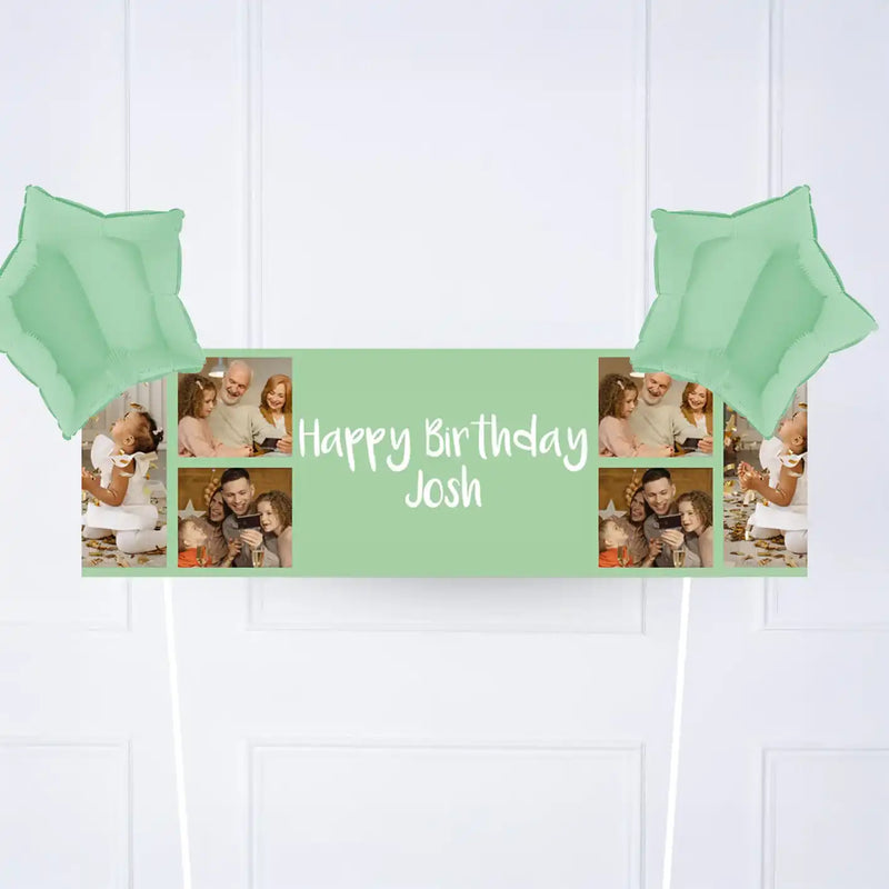 Coloured Collage Personalised Party Banner Green 2 Balloons Personalised Banner