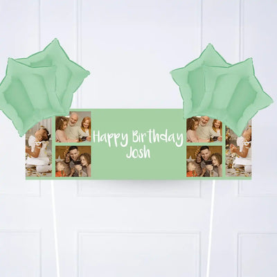 Coloured Collage Personalised Party Banner Green 4 Balloons Personalised Banner