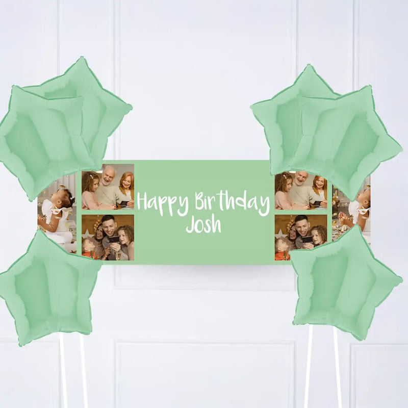 Coloured Collage Personalised Party Banner Green 6 Balloons Personalised Banner