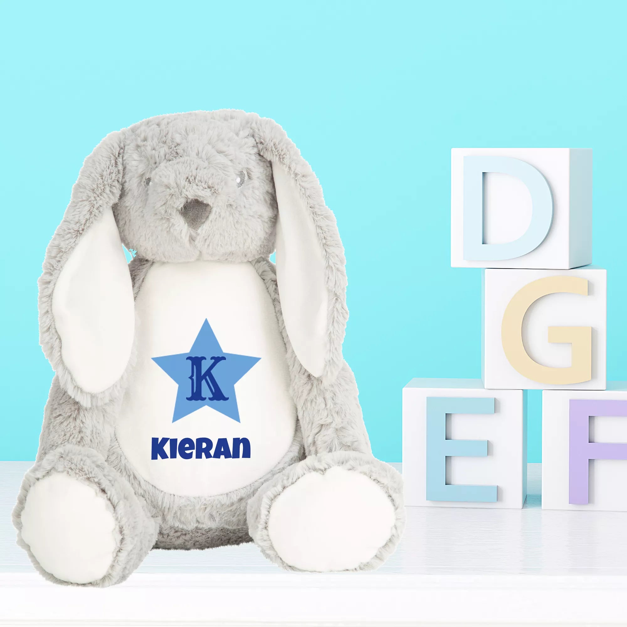 Personalised Grey Bunny Plush Soft Toy Blue Star Monster Parties