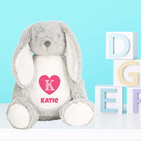 Personalised Grey Bunny Plush Soft Toy Pink Heart Monster Parties