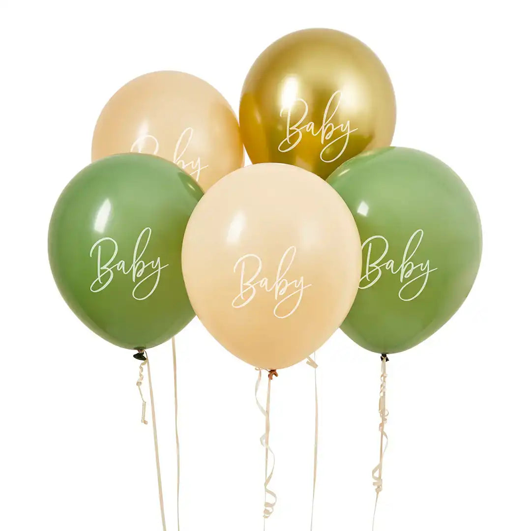 Sage, Nude & Gold 'Baby' Latex 12" Balloons (x5) Baby Shower