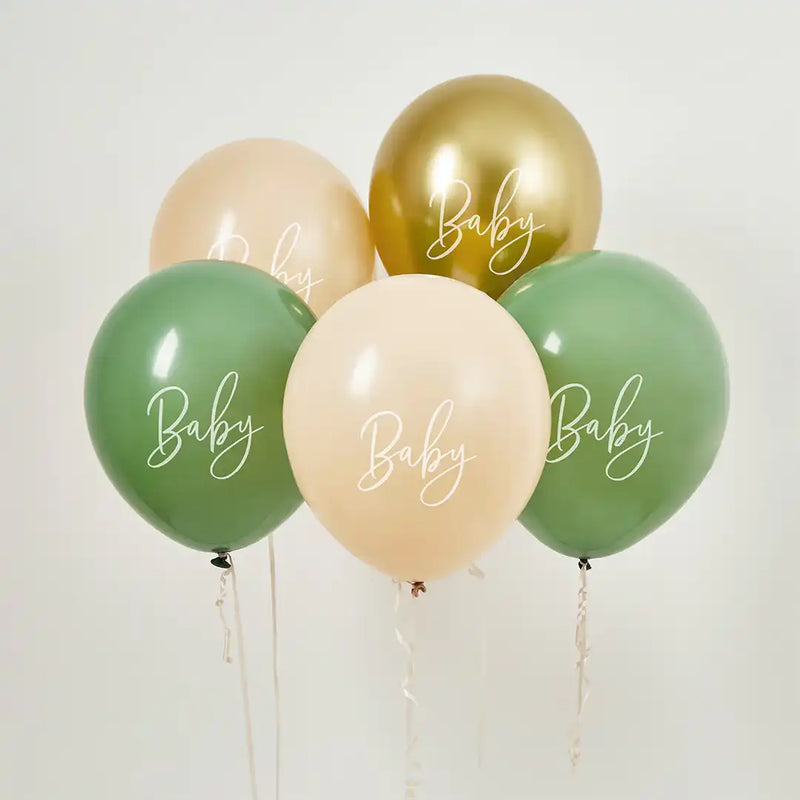 Sage, Nude & Gold 'Baby' Latex 12" Balloons (x5) Baby Shower