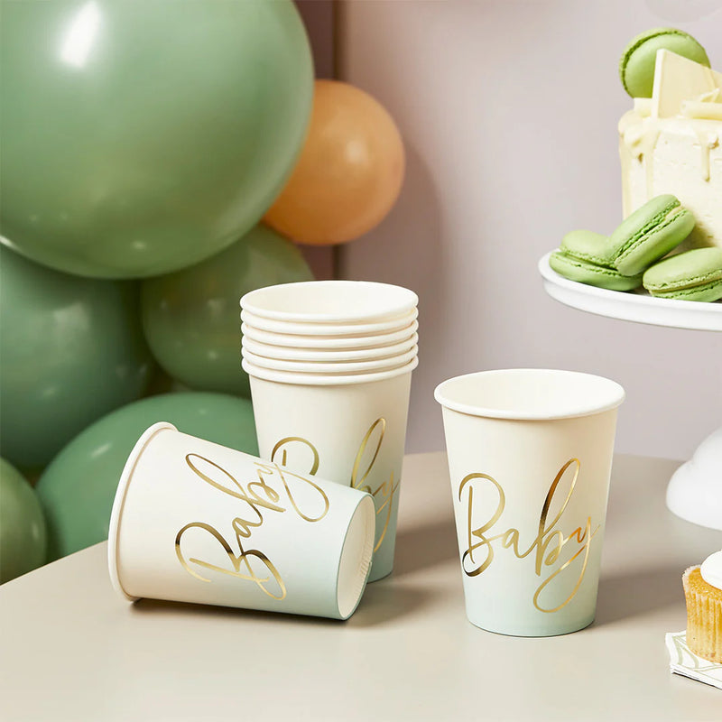 Sage Green 'Baby' Paper Cups (x8)