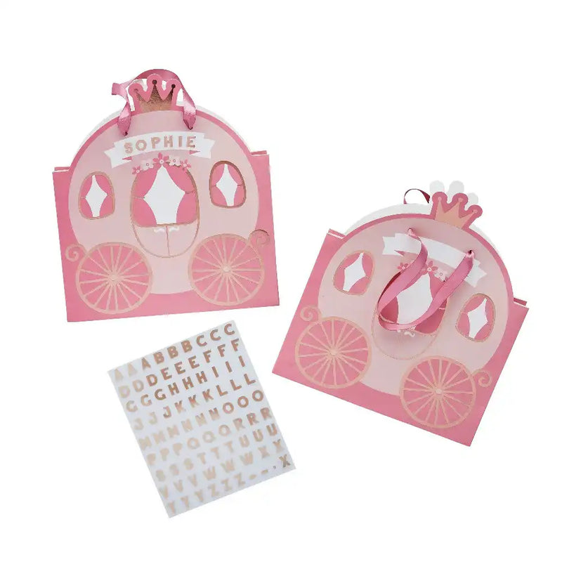 Princess Carriage Party Bags with Personalised Sticker Sheets (x4) Kids Party