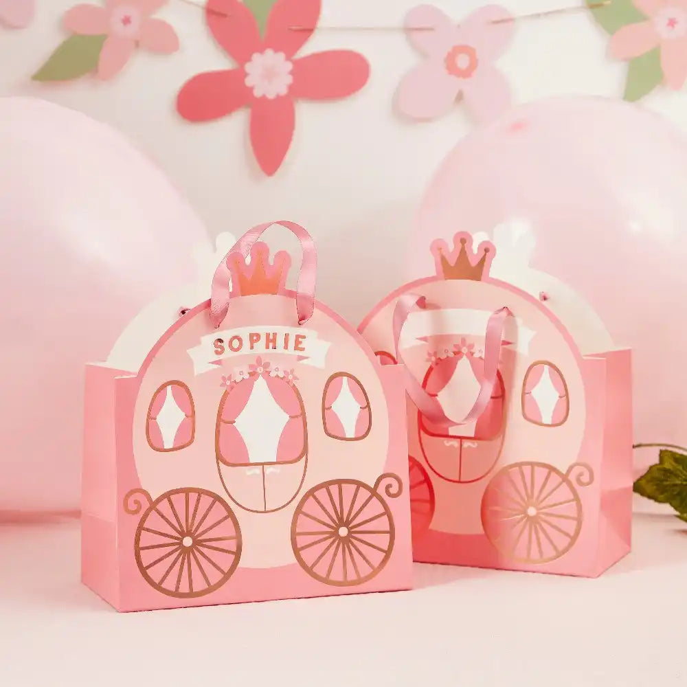 Princess Carriage Party Bags with Personalised Sticker Sheets (x4) Kids Party