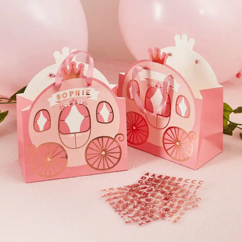 Princess Carriage Party Bags with Personalised Sticker Sheets (x4) Kids Party